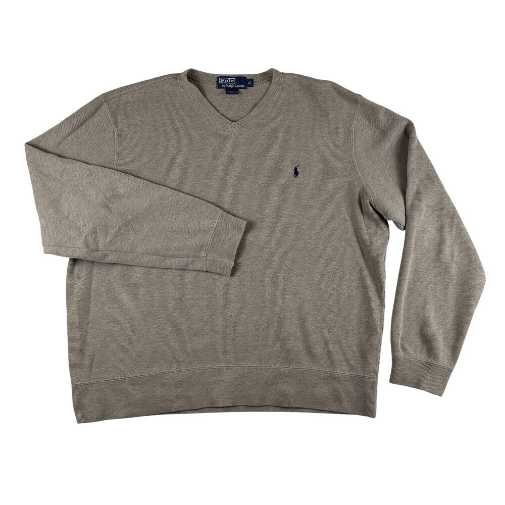 Vintage Polo Ralph Lauren Sweater Mens Medium Beige V Neck Cotton Knit Pullover